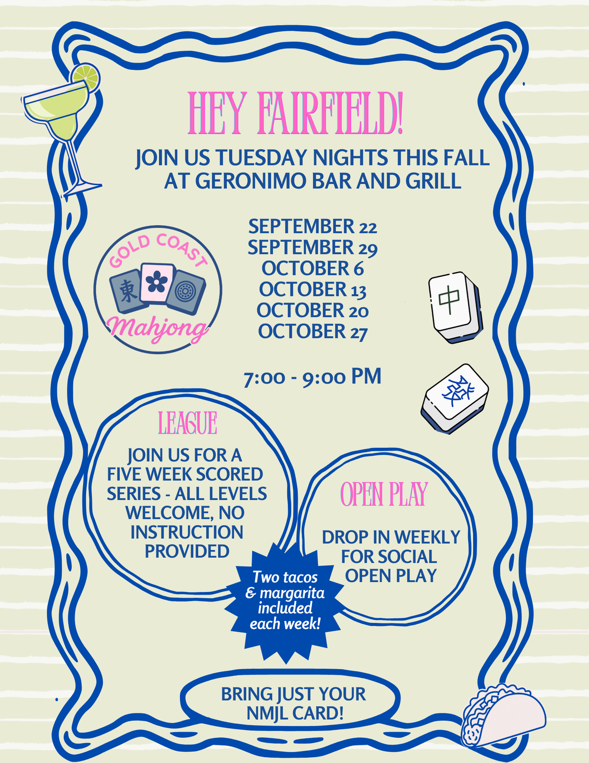Fairfield - Geronimo Tuesday Mahjong Drop ins - Fall 2026